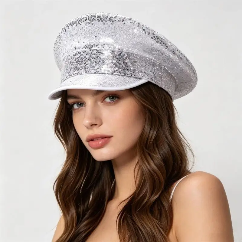 Sparkling Captain Hat for Women Girl Sequins Party Brimmed Cap for Theme Event and Stage Show Dressingup Photo Styling Y166