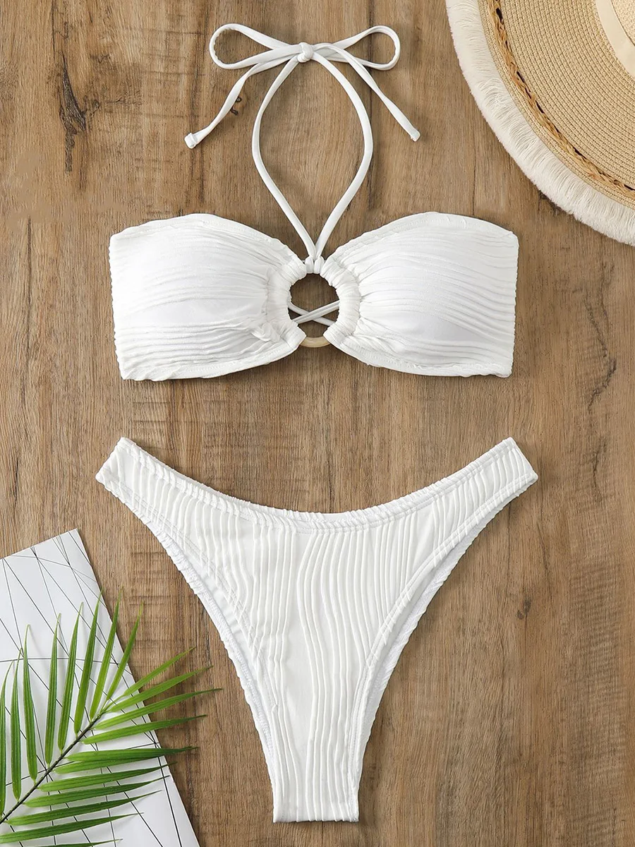 Sexy Ring Linked Wrinkled Bikini 2025 Women Bandeau Swimsuit Female Swimwear Two Pieces Bikini Set Bathing Suit Swim Beachwear