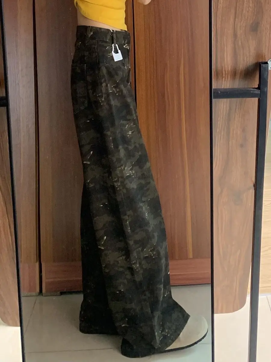 جينز مموه أنيق للنساء بتصميم أمريكي عتيق جديد مستقيم الساق للتخسيس متعدد الاستخدامات بطول الأرض من قماش الدنيم #3