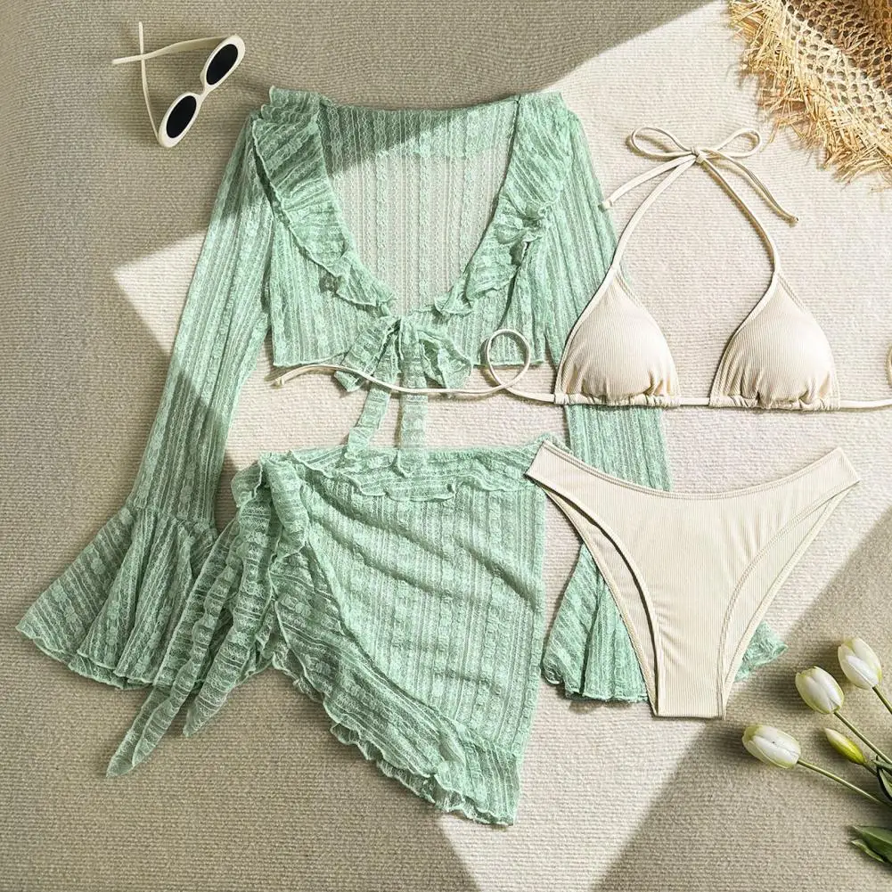 4Pcs/Set Women Swimsuit Set Halter Bra with Lace-up Briefs Suit Ruffle Trim Cover-Up Tops Skirt Set Beachwear Swimwear Outfits