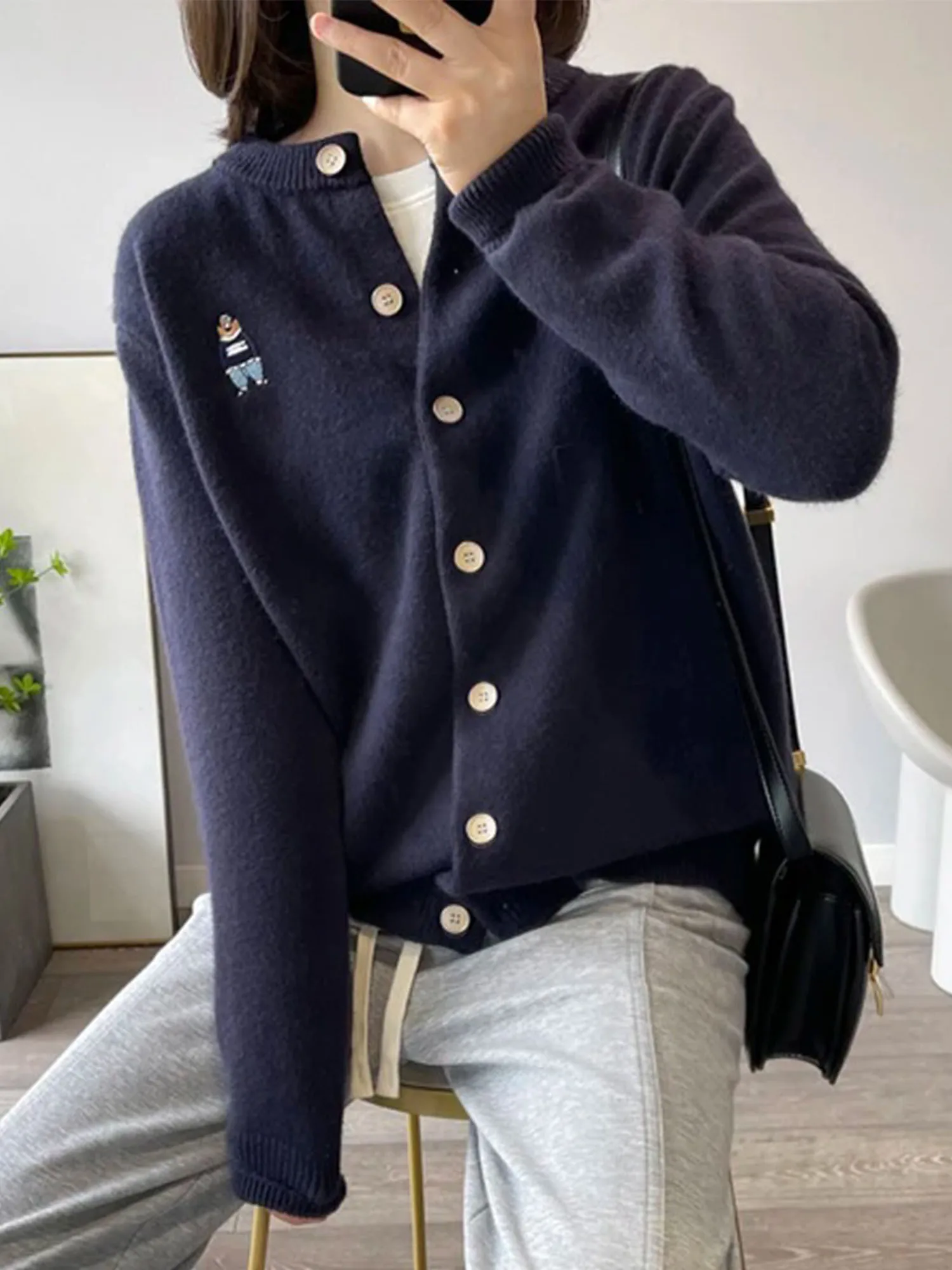 Knit Cardigan Women Exquisite Embroidered Bear Spring and Autumn New Single Breasted Round Neck Long sleeve Sweater Outerwear