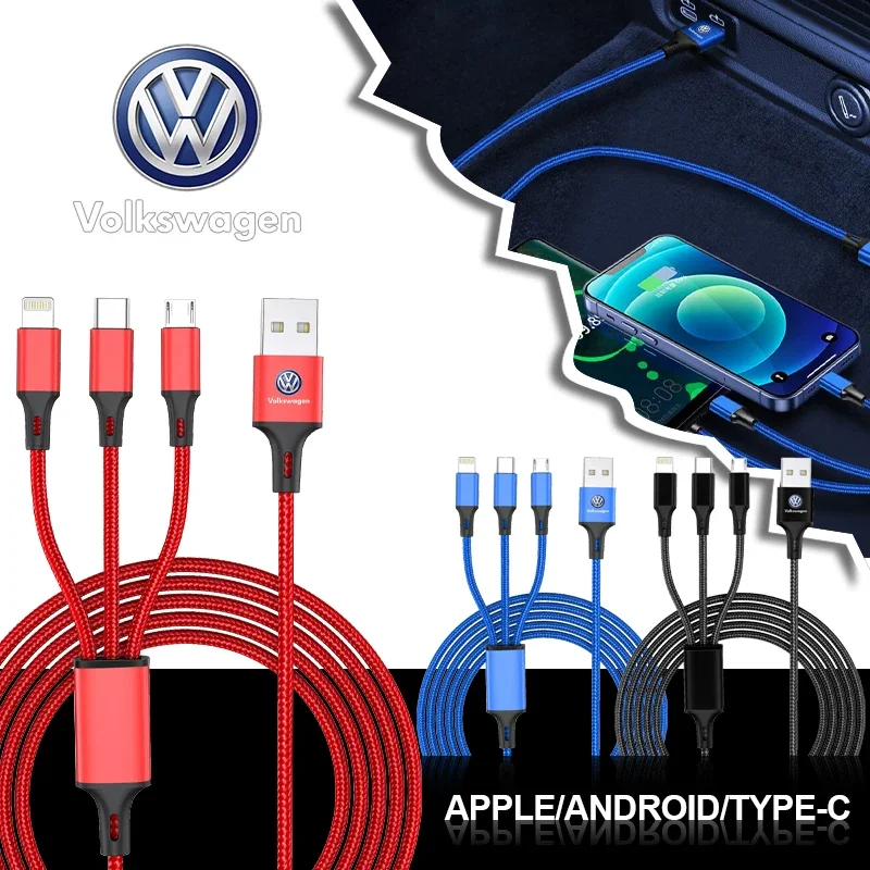 3 In 1 Type C Lightning Micro USB Car Fast Charging Cable Emblem For Volkswagen CC Golf 6 7 GTI Tiguan Passat B5 B6 B7 Jetta