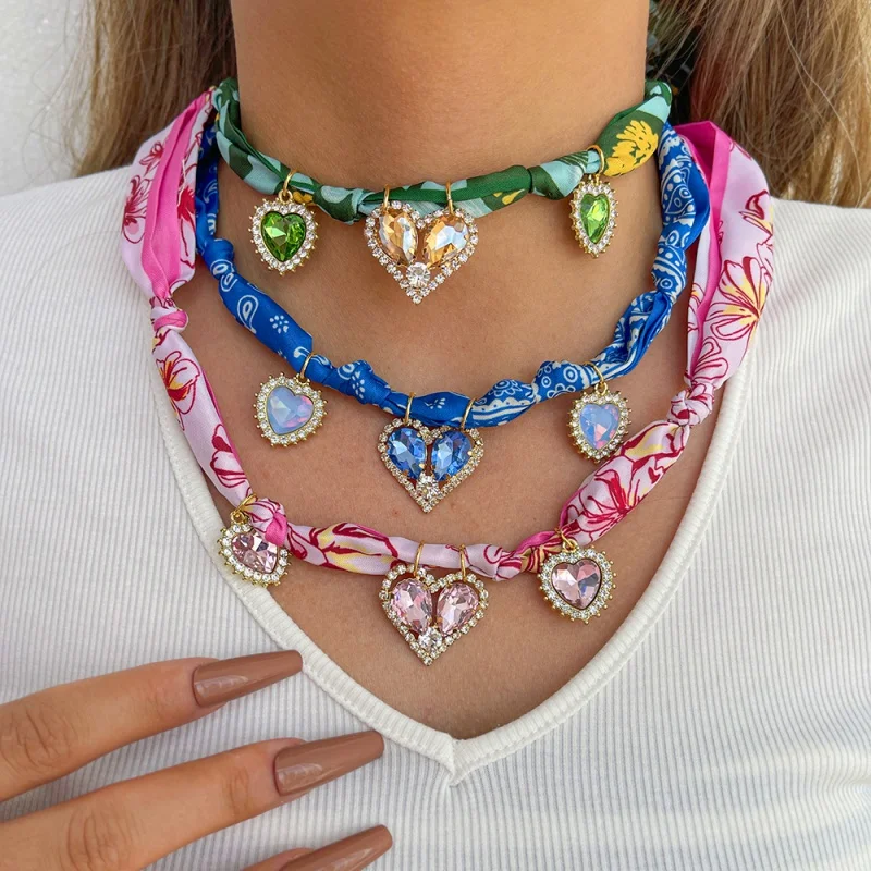 Diamond Studded Heart-Shaped Printed Fabric Necklace