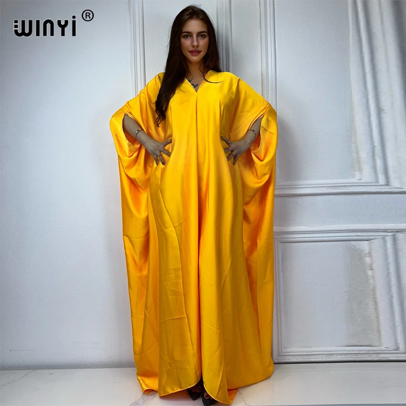 WINYI summer high quality monochrome elegant Swimsuit Cover Up Women Beach Dress V-neck Dresses fashion Robe abaya dubai luxury