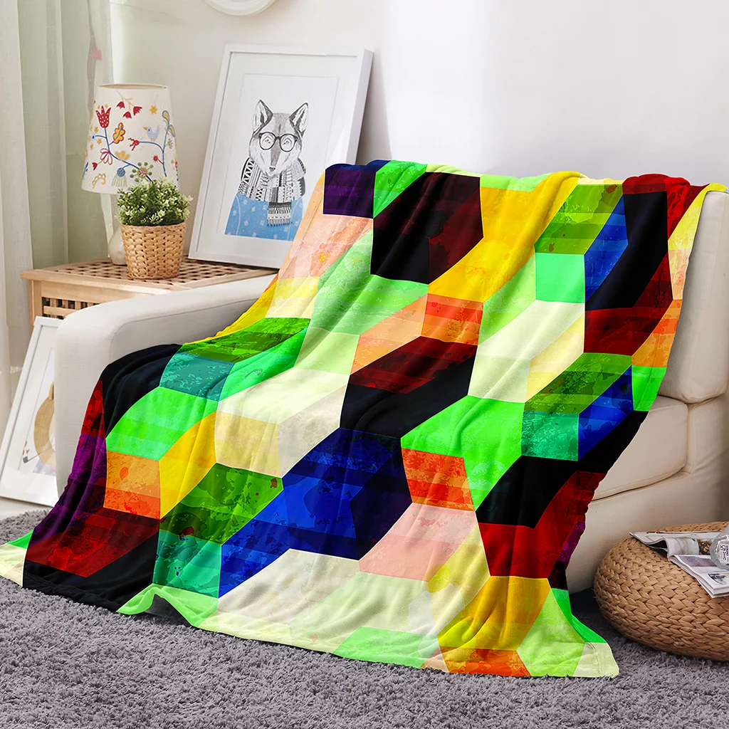 HUANZHUANG Throw Blanket For Bed Print Throw For Bed Double Couch Bed 3D Color Solid Geometric Square Blanket For Bed, Sherpa F