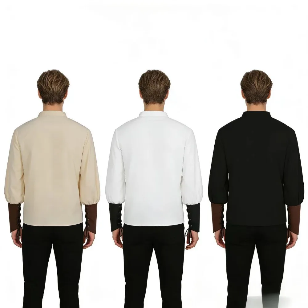 Nowa kolekcja odzieżowa na wiosnę i jesień 2025: średniowieczna gotycka koszula męska z damskim topem z długim rękawem w jednolitym kolorze.