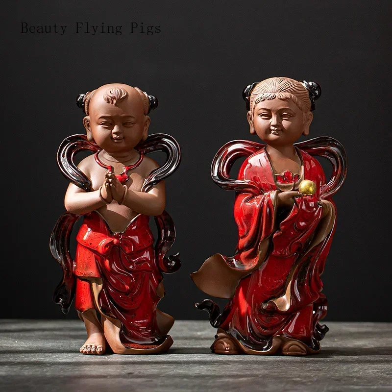 2PCS Ceramic Golden Boy and Jade Girl Ornament Traditional Chinese Feng Shui Lucky Crafts Living Room Accessories Gifts