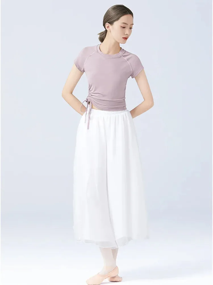 Solid Color Drawstring Slim Fit Ballet Top – Short Sleeve Round Neck Dance Shirt for Women Performance Practice