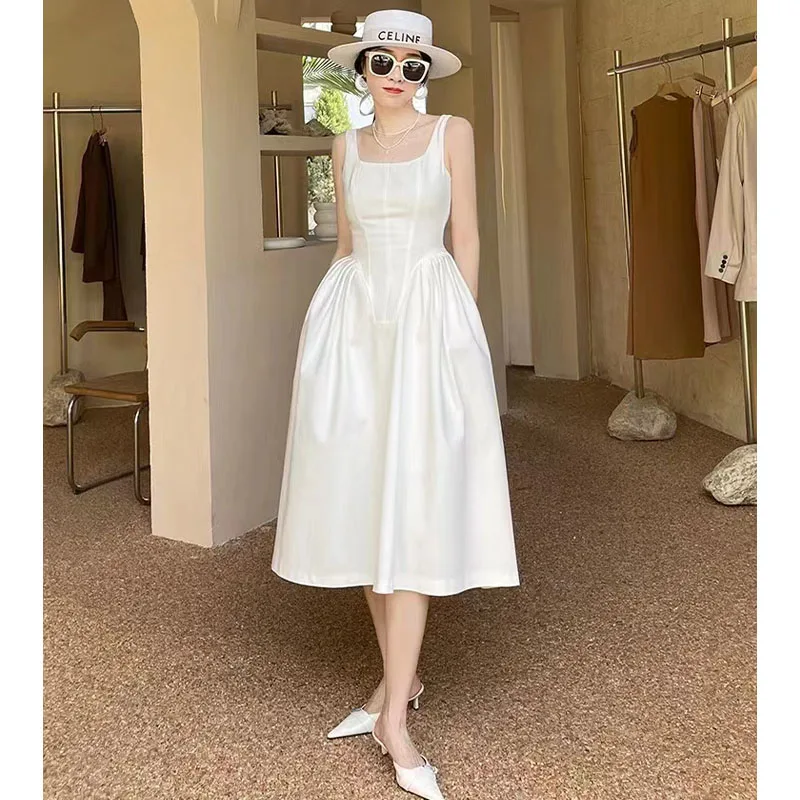 

White Evening Dress Women's Summer 2024 New French Style Gentle Sweet Slim Slip Dress Bohemian Long Dresses Beach Casual Dresses