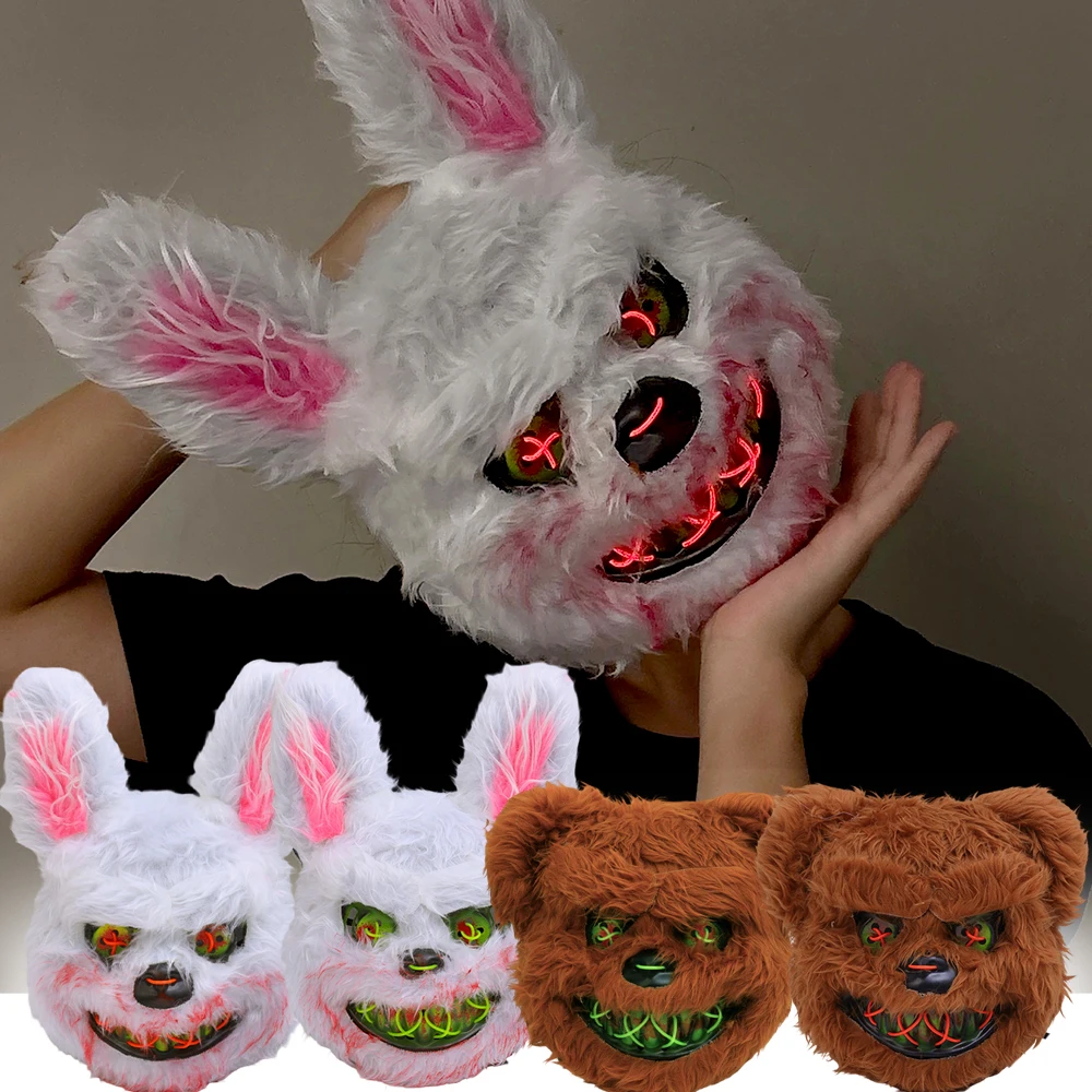 Halloween Plush Luminous Mask Terror Rabbit Bear LED Luminous Mask Plush Rabbit Halloween Party Cosplay Mask Party Photo Prop