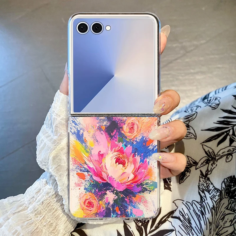 Oil Painting Peony Clear Folding Phone Case For Samsung Galaxy Z Flip 7 FE 6 5 4 3 Flip7 Flip6 Flip5 Flip4 5G Hard PC Back Cover
