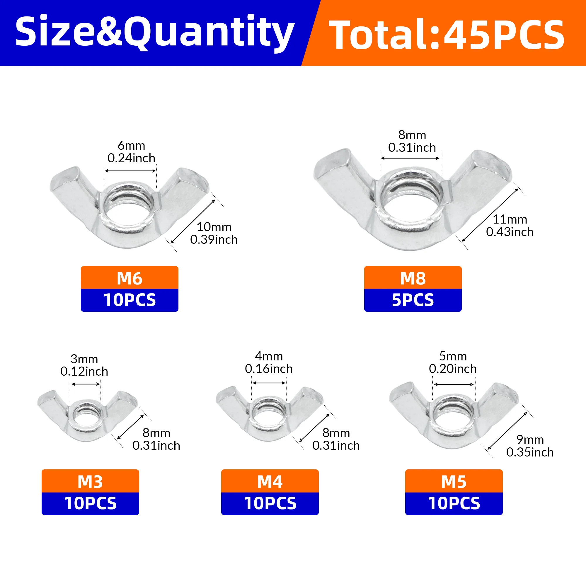45 buah/kotak mur sayap menyesuaikan jempol kupu-kupu lug nuts pengencang Manual dari mur jempol M3 M4 M5 M6 M8 set Kit