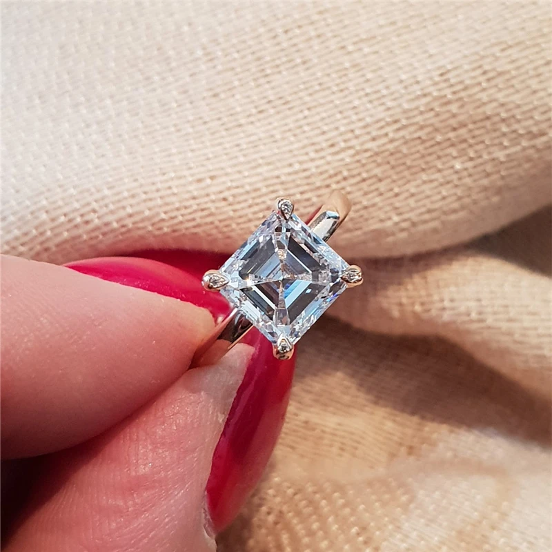 18K Fine Jewelry Real Gold Moissanite Ring 2.0CT 7mm Square Asscher Cut Solitaire Ring Rose Gold Moissanite Ring For Engagement