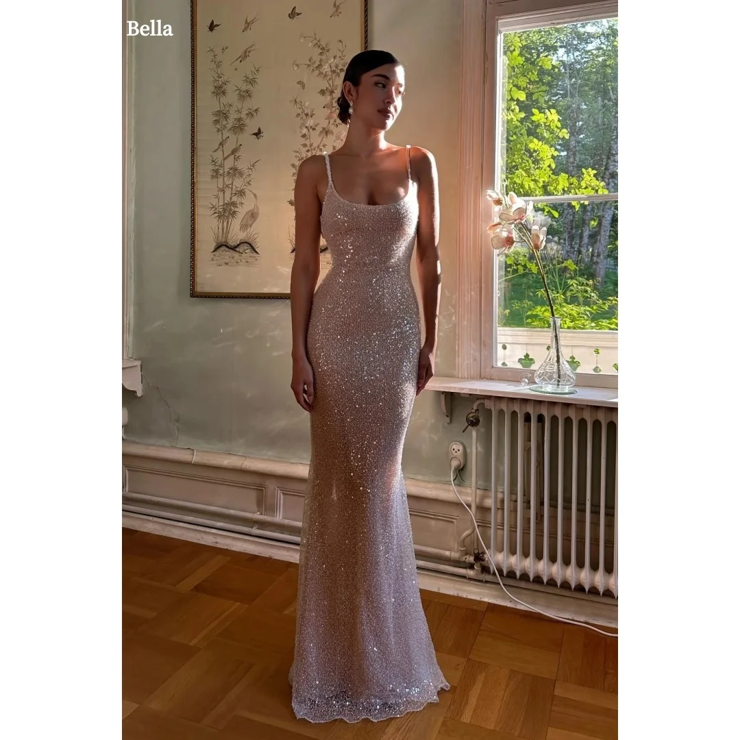 

Bella Customized Pink Mermaid Sequins Spaghetti Strap robes de soirée Backless Side Slit Party Dresses Floor-Length Prom Dress