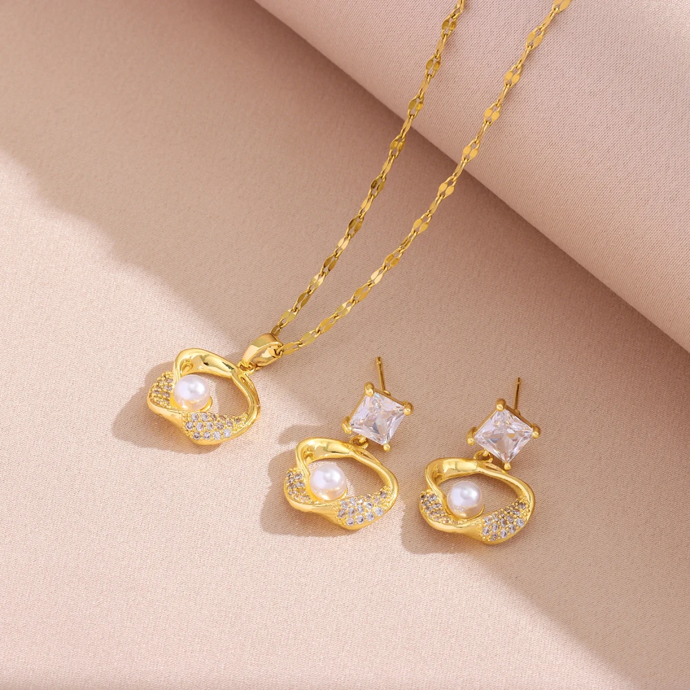 New Fashion Retro Style Pearl Necklaces Earrings For Women Trendy 18K Gold Plated Stainless Steel Jewelry Set Female Wholesale