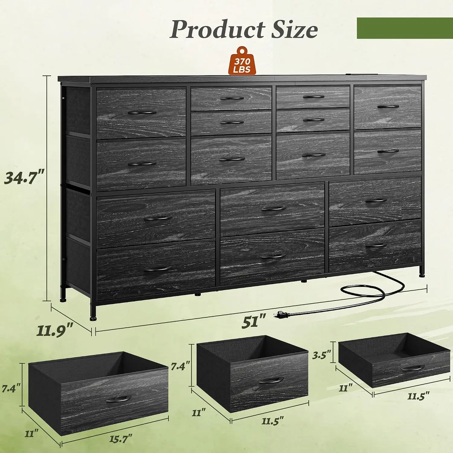 16 Drawer Dresser with Charging Station, Bedroom Storage Organizer, Rustic Black, Customized