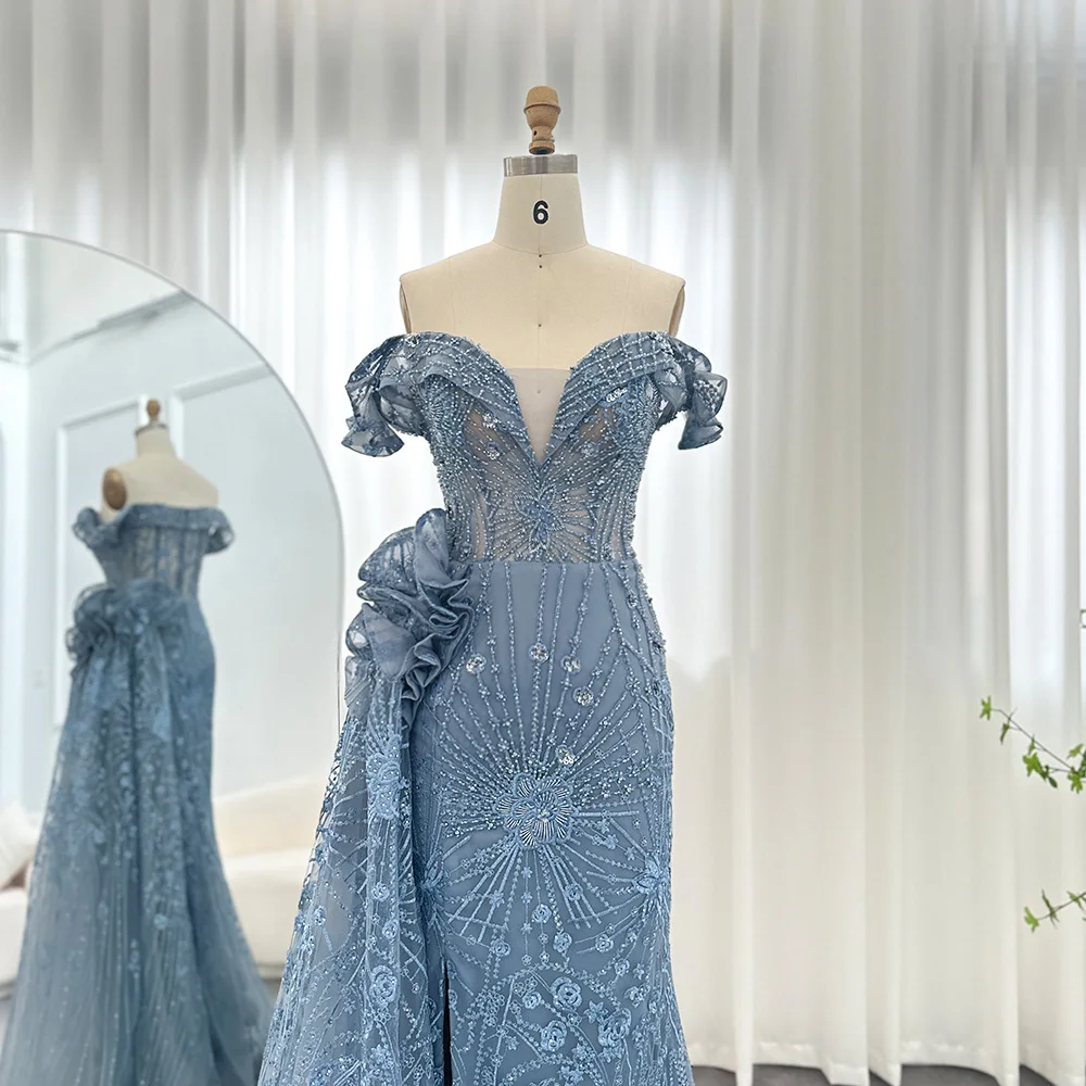 Jancember Dubai 3D Flowers Mermaid Blue Evening Dresses With Overskirt Elegant Plus Size Woman Wedding Party Gown SCZ188