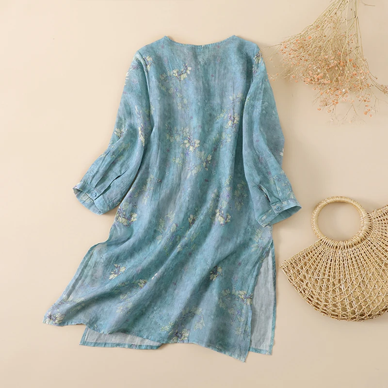 Lekkie bluzki damskie zmniejszające wiek mieszanki bawełny Vintage kwiatowy Print Kaftan O-Neck pół rękawa kobiece eleganckie koszule plażowe