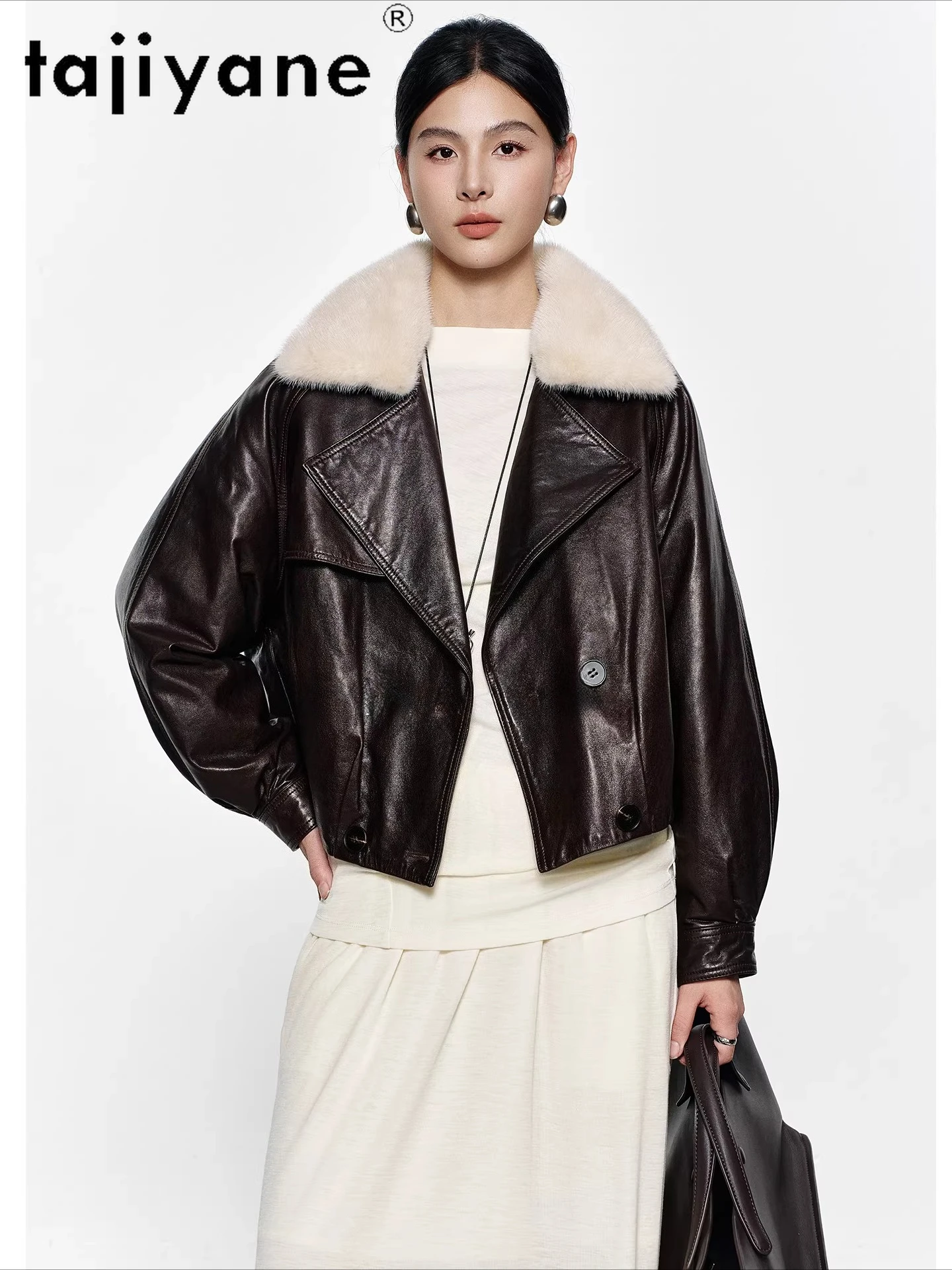 Kurtka damska TAJIYANE z olejowanego wosku, skóra owcza, puch gęsi, luksusowy kołnierz z futra norek, kurtki ze skóry naturalnej, odzież zimowa 2025, дубленка