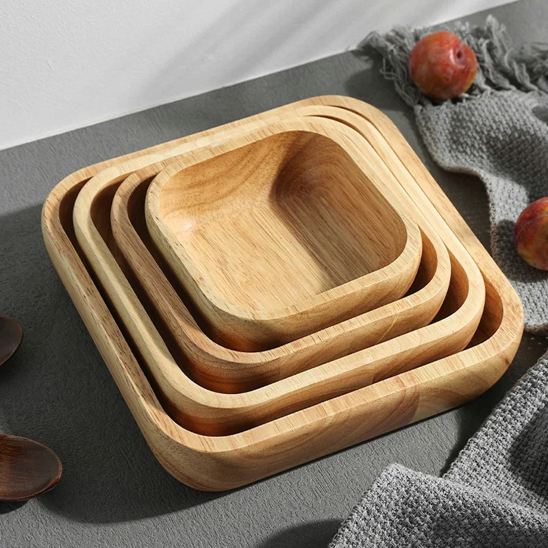 4Pcs Wooden Bowl Set Serving Dishes Big Fruit Salad Bowl Square Wood Plate Serving Tray Snack Food Bowl Wooden Kitchen Tableware