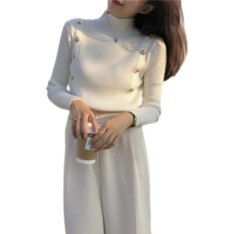 Retro Frühling Herbst frauen Button up Basis irt Slim Fit Strickwaren f Hohe Kragen Trendy Design Innere Tragen Casual Sle
