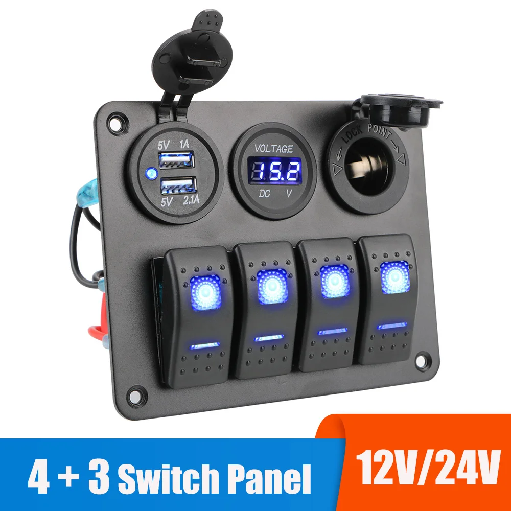 24V 12V 4 Gang Switch Panel Light Toggle With USB Chargers 3.0 Cigar Lighter Adapter 3 Ports Volt Test Car Accessories For Boat