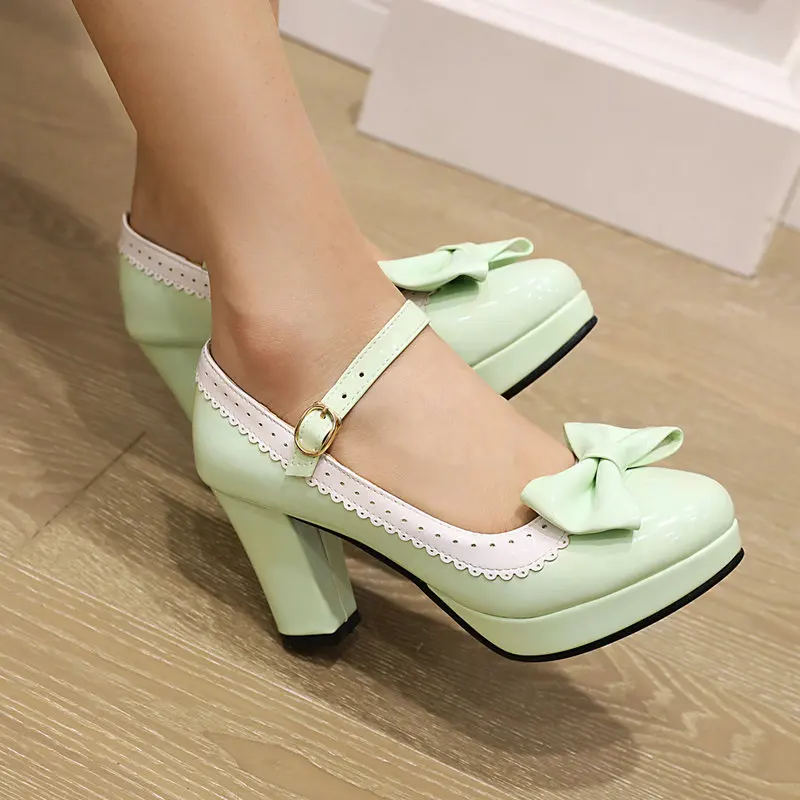 

KNCOKAR 2022Spring Bowtie Cute Pumps Mary Jane Round Toe PU Buckle Strap Sweet 9cm Block Heels Big Size 33-46 Green