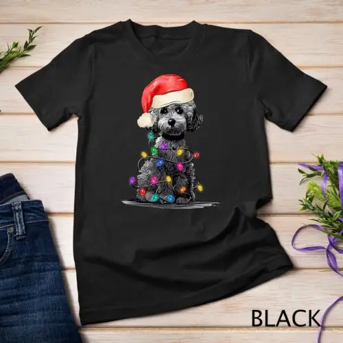 Poodle Santa Hat Christmas Tree Lights Funny Dog Lover Xmas Unisex T-shirt