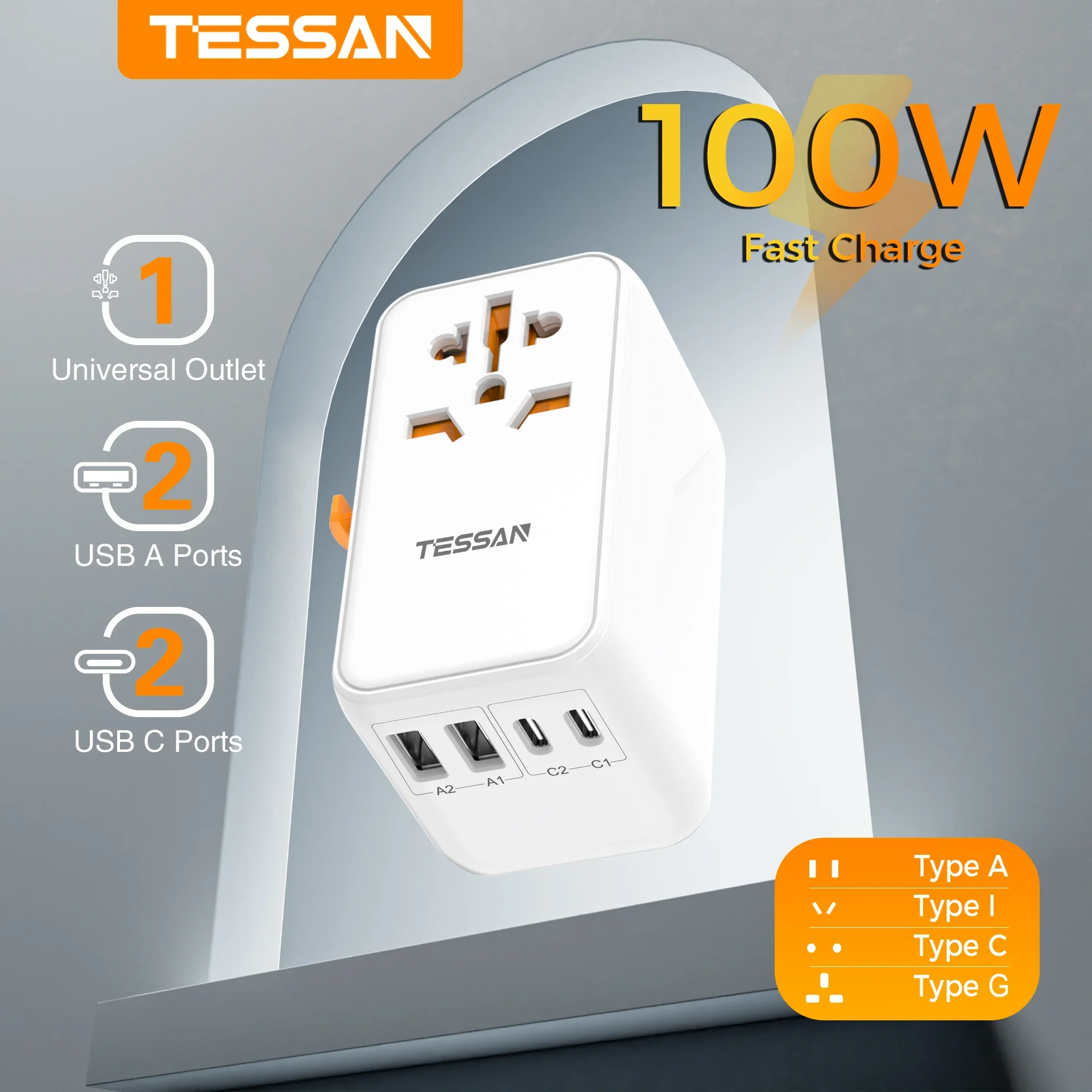 

TESSAN 100W Travel Adapter Universal Socket with 2 USB 2 Type C Ports Fast Charging Power Adapter EU/UK/USA/AUS Plug for Travel