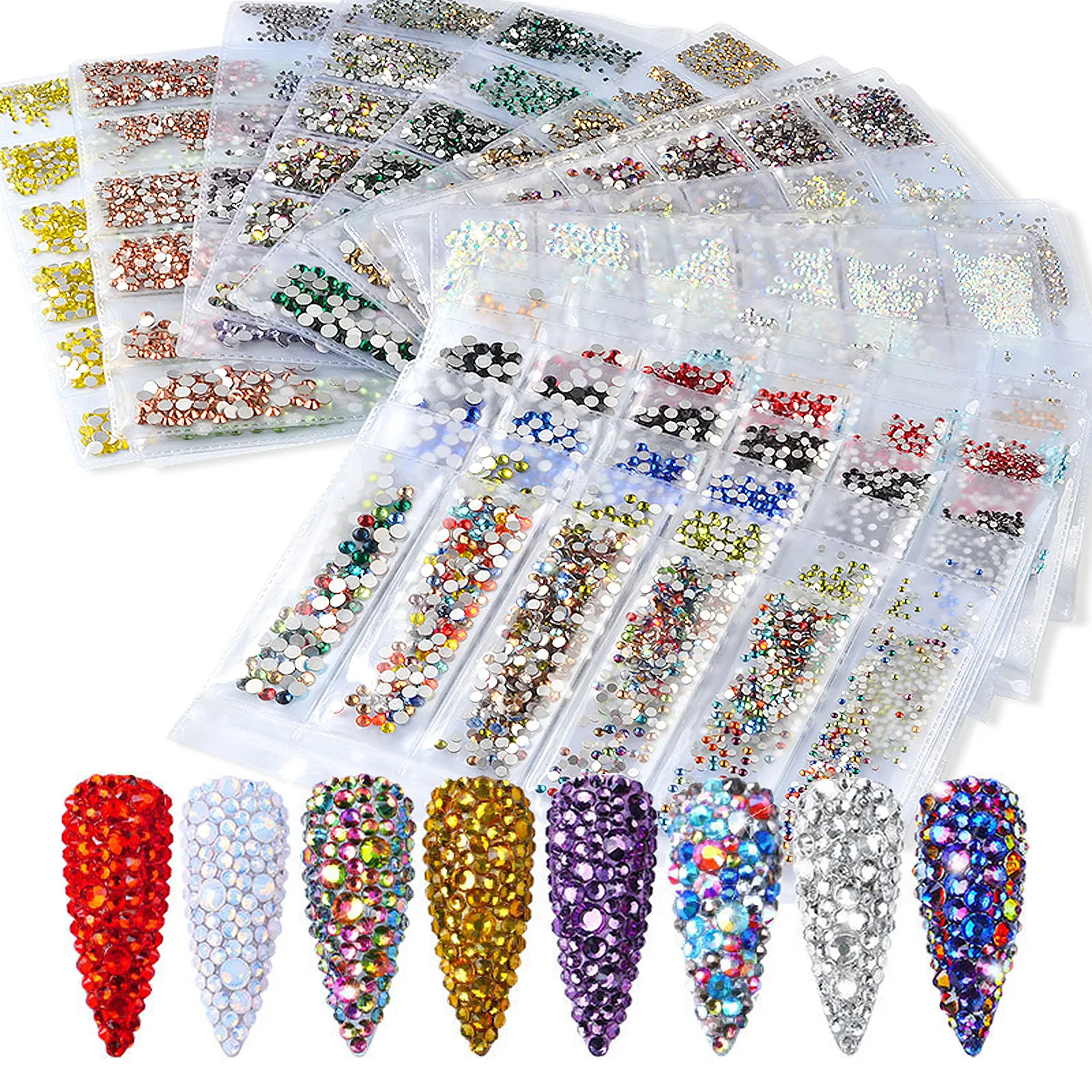 Super Glitter Colored Crystal Ss4-ss16 AB Mixed Size Non-thermal Repair Flat Bottom 3D Glass Rhinestones for DIY Nail Tools