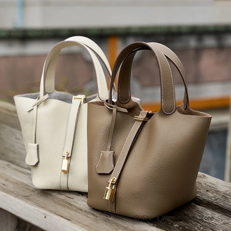 

Genuine Leather Shoulder Bucket Bag Women Litchi Pattern Mini Basket Tote Soft Handbag Mommy Bride Wedding Bags with Lock