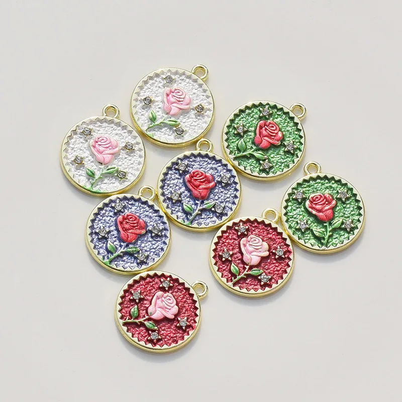 5Pcs Enamel Retro Round Monet Garden Rose Medal Flowers Charms for DIY Earrings Necklace Jewelry Making Pendant Supplies