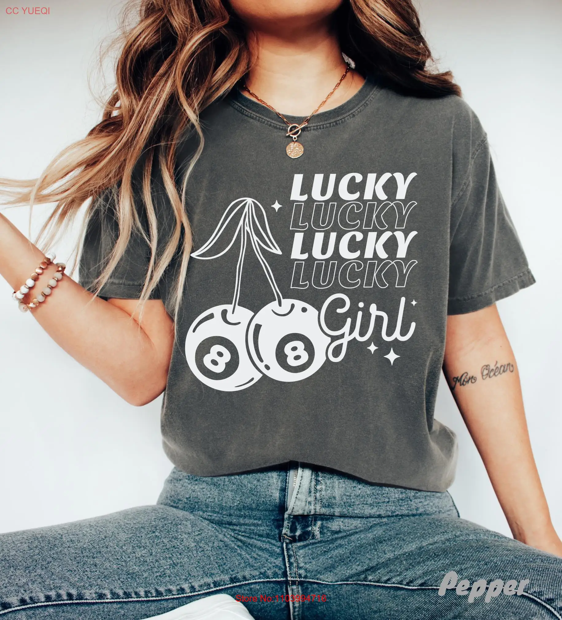 Lucky Girl 8 Comfort Colors Retro Coquette Bow Cherry T Shirt Feeling Ball Aesthetic Western Boho  long or short sleeves