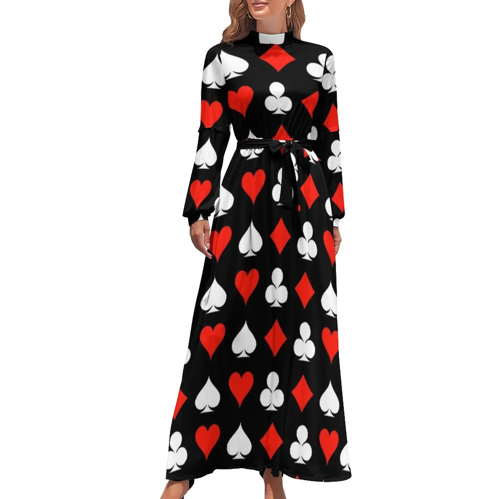 Red Heart Print Dress Poker Symbol Sexy Graphic Maxi Dress High Neck Long Sleeve Aesthetic Bohemia Long Dresses