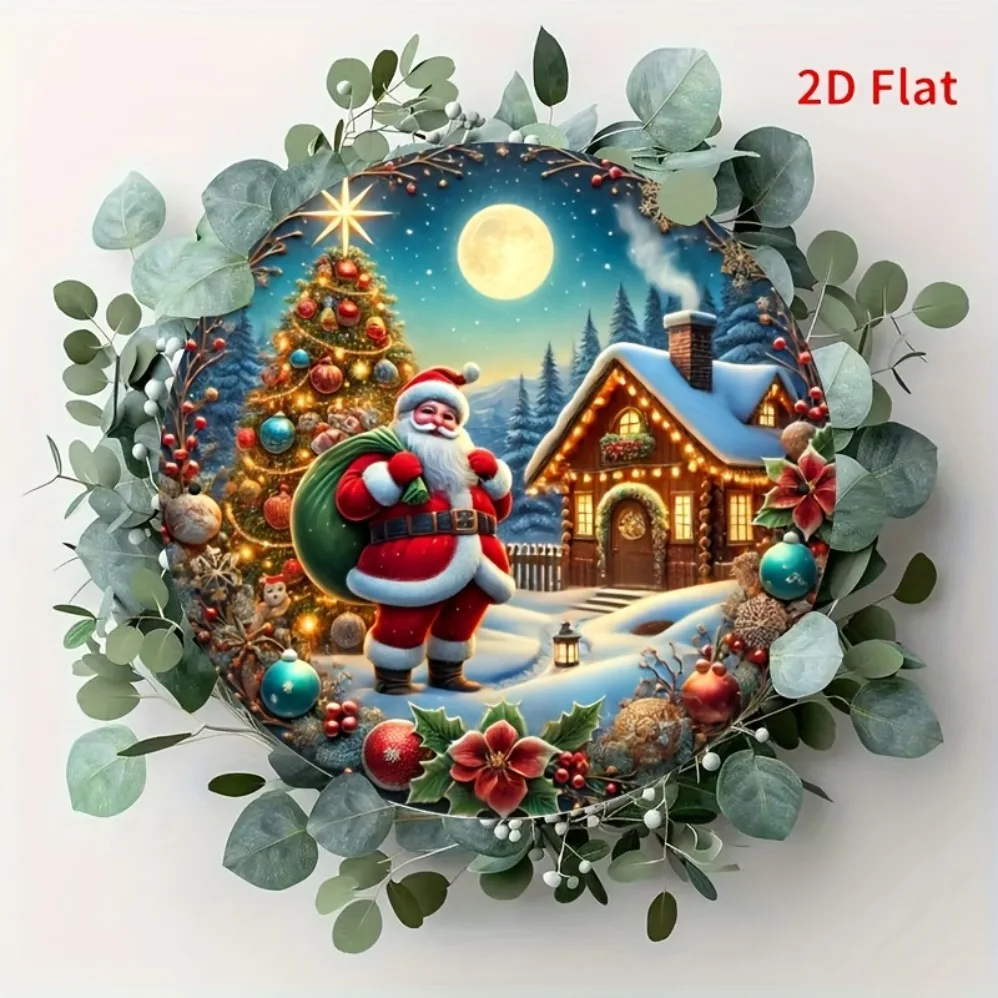 لافتة مسطحة ثنائية الأبعاد "عيد ميلاد سعيد" - تصميم إكليل سانتا، لوحة معدنية دائرية من القصدير | ديكور الباب الأمامي والتعليق على الحائط مصنوع يدويًا #6