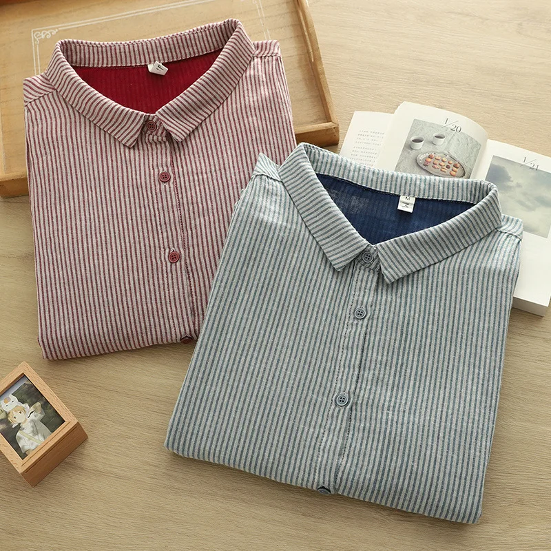 2025年夏新作 コットンヤーン ハーフスリーブシャツ レディース 襟付きストライプ柄 森ガール カジュアル 多機能 ゆったりブラウス T57384CC