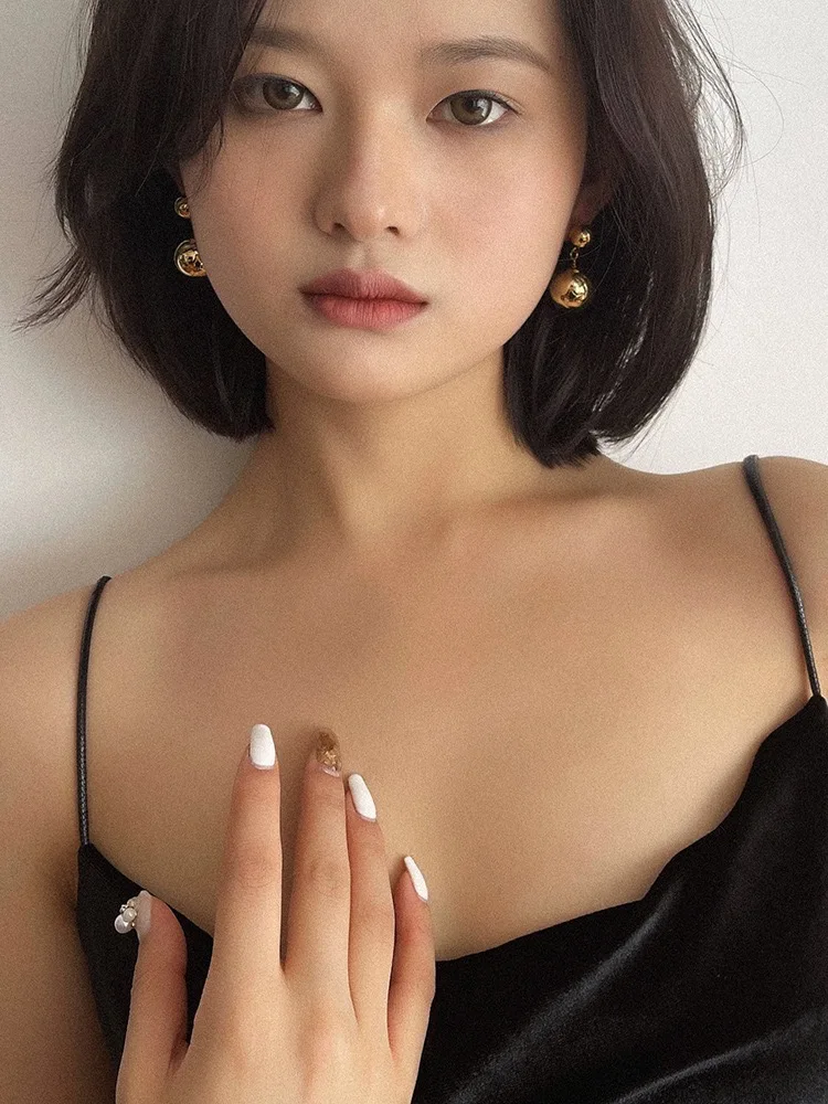 Brass With 18K  Double Ball Drop  Earrings Women Jewelry Punk Party T Show Gown Runway Trendy  Korean Japan  Style INS