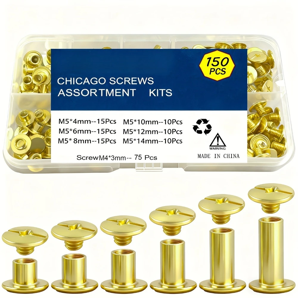 

150Sets Chicago Screws Kit 6 Sizes Round Flat Head Leather Rivets Metal Screw Studs for DIY Leather Craft Bag Wallet Making