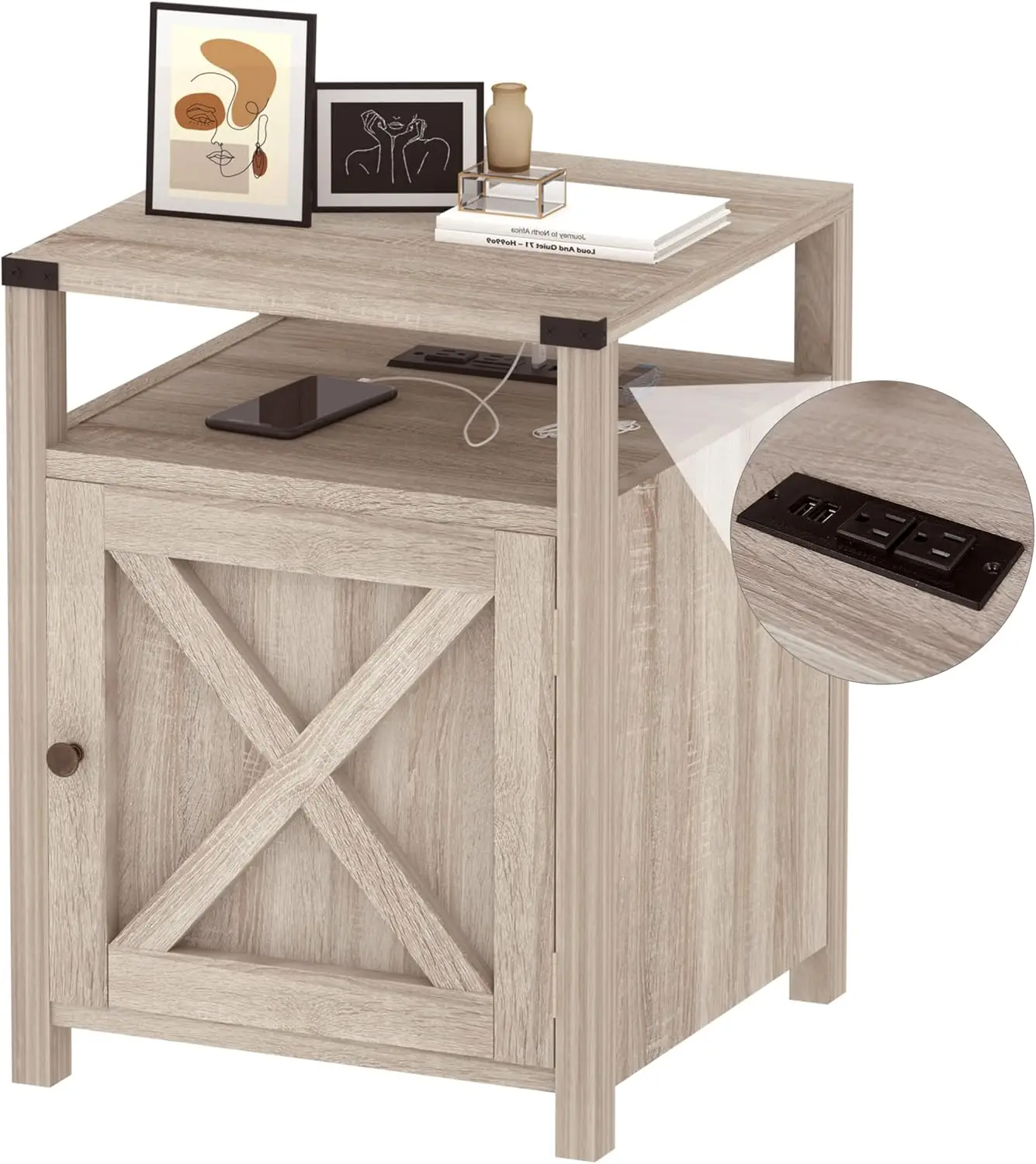 Station, Rustic End Table Bedroom with Storage Living Room Side Table Beige Night Stand Industrial Bedside Bed