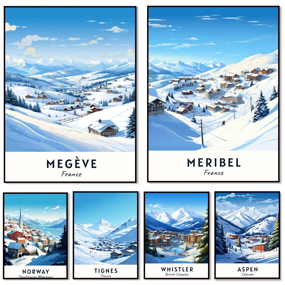 

France, Tignes, Meribel, Val Thorens, Canaan Valley, Whistler, Saalbach, Courchevel, Norway, Kitzbühel ski resort, travel poster