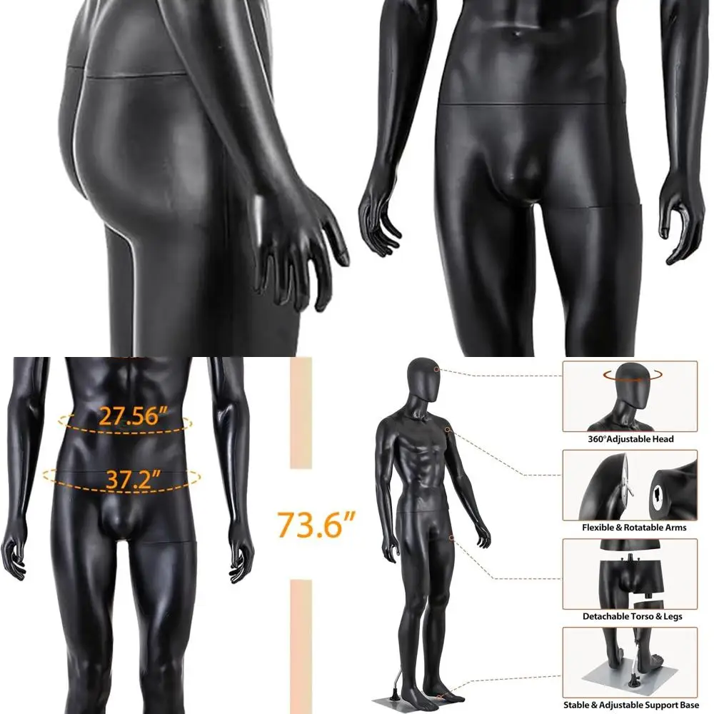 

73 Adjustable Stand Full Body Male Mannequin with Realistic Head and Turnable Dress Model Base, Black