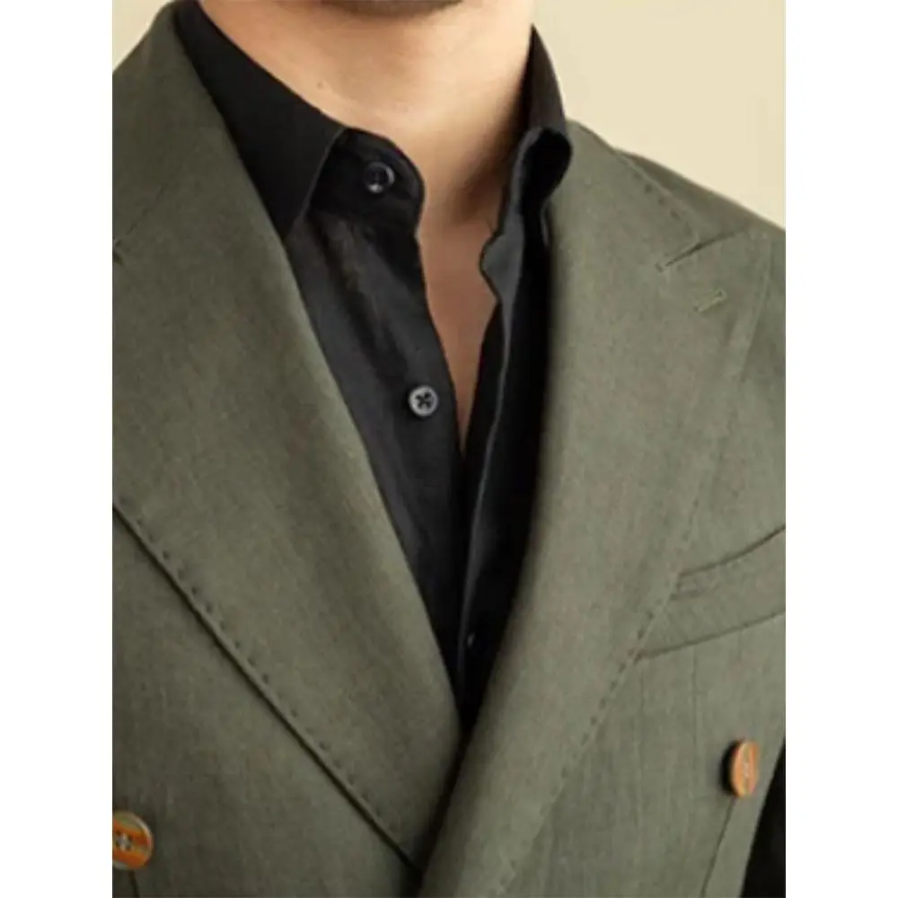 Men's Vintage Army Green Business Peak Lapel Blazer Elegant Double-breasted Long Sleeves Slim Fit Wedding Guest Office Jacket