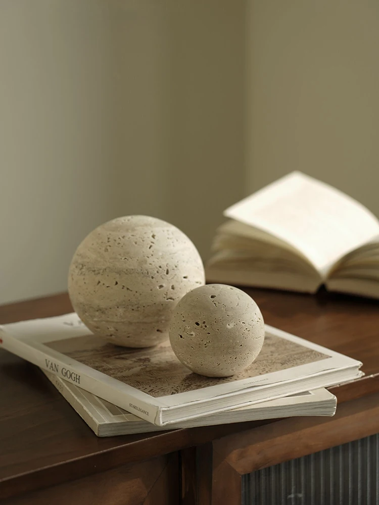 Natural Marble Stone Ball Decor for Table and Shelf Vintage Travertine Sphere Sculpture for Home Decoration