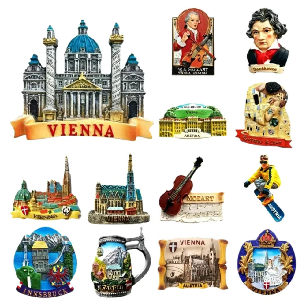 Aimant de réfrigérateur Vienne Autriche, autocollant 3D en résine pour réfrigérateur, souvenir touristique Mozart Beethoven Klimt, cadeau de décoration pour la maison