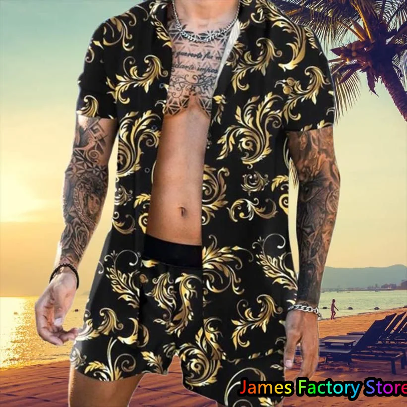 Conjunto de 2 piezas de camisa de manga corta con estampado 3D para hombre, pantalones cortos de playa, informal, vacaciones, verano, marca de lujo,