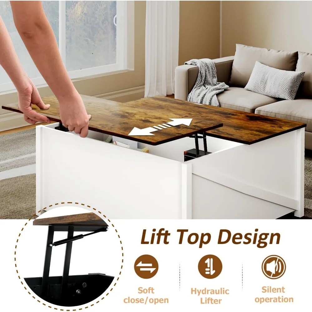 Mesa de centro elevatória com armazenamento, mesa de centro de fazenda com tampo elevatório para sala de estar, sala de estar de madeira branca rústica