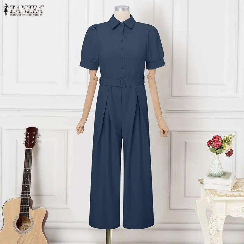 

Fashion ZANZEA Summer Women Jumpsuits Short Sleeve Turn-down Collar Solid Color Party OL Work Overalls Playsuits Wide Leg Pants