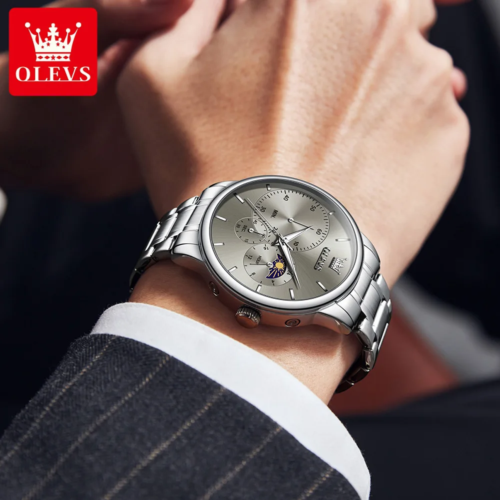 OLEVS Men's Watches 2936 Top Brand Fashion Original Quartz Watch for Man Waterproof Stainless Steel Chronograph Moon Phase 24H