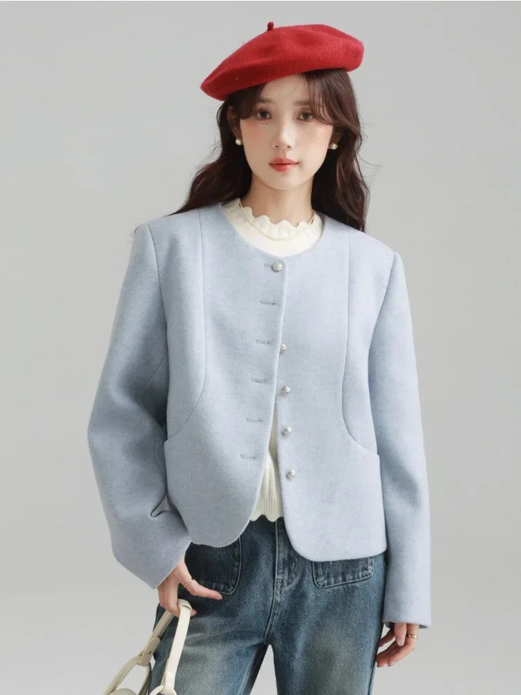 

Vintage Handmade Tailored Shoulder Round Neck Short Wool Coat Women Buttoned Chic Outerwear Loose Fit Jacket for Fall and Winter