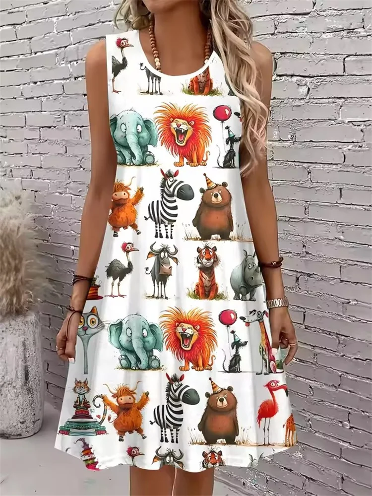 Women's Sleeveless A-Line Dress Fashion Sweet Graffiti Lions Zebras Elephants Vibrant Animal Print Dresses Y2k Woman Clothing